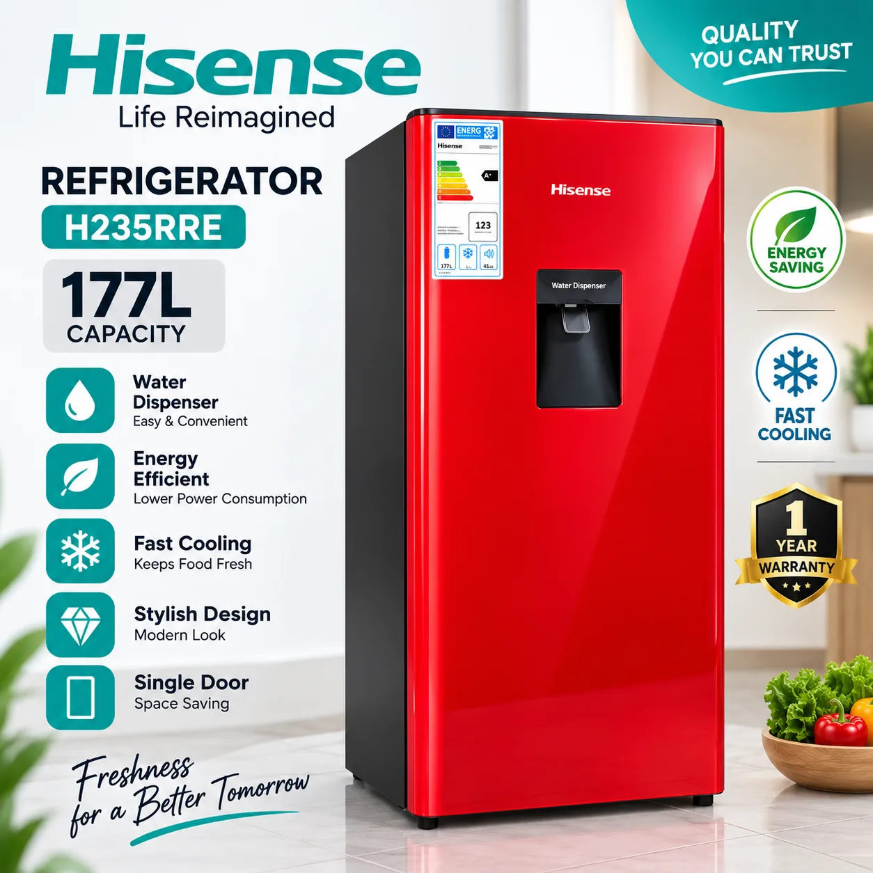 Hisense H235RTS-WD 177L Single Door Interior LED Lighting red Refrigerator