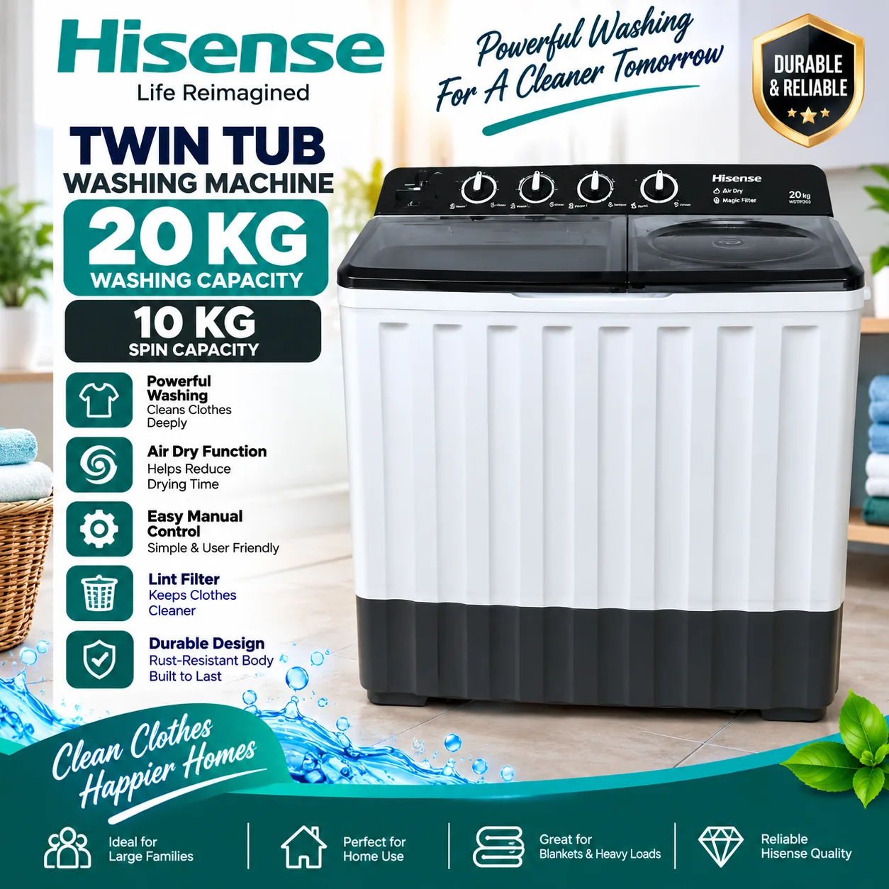 Hisense 20KG Twin Tub Semi-Automatic Washing Machine (WSTF203)