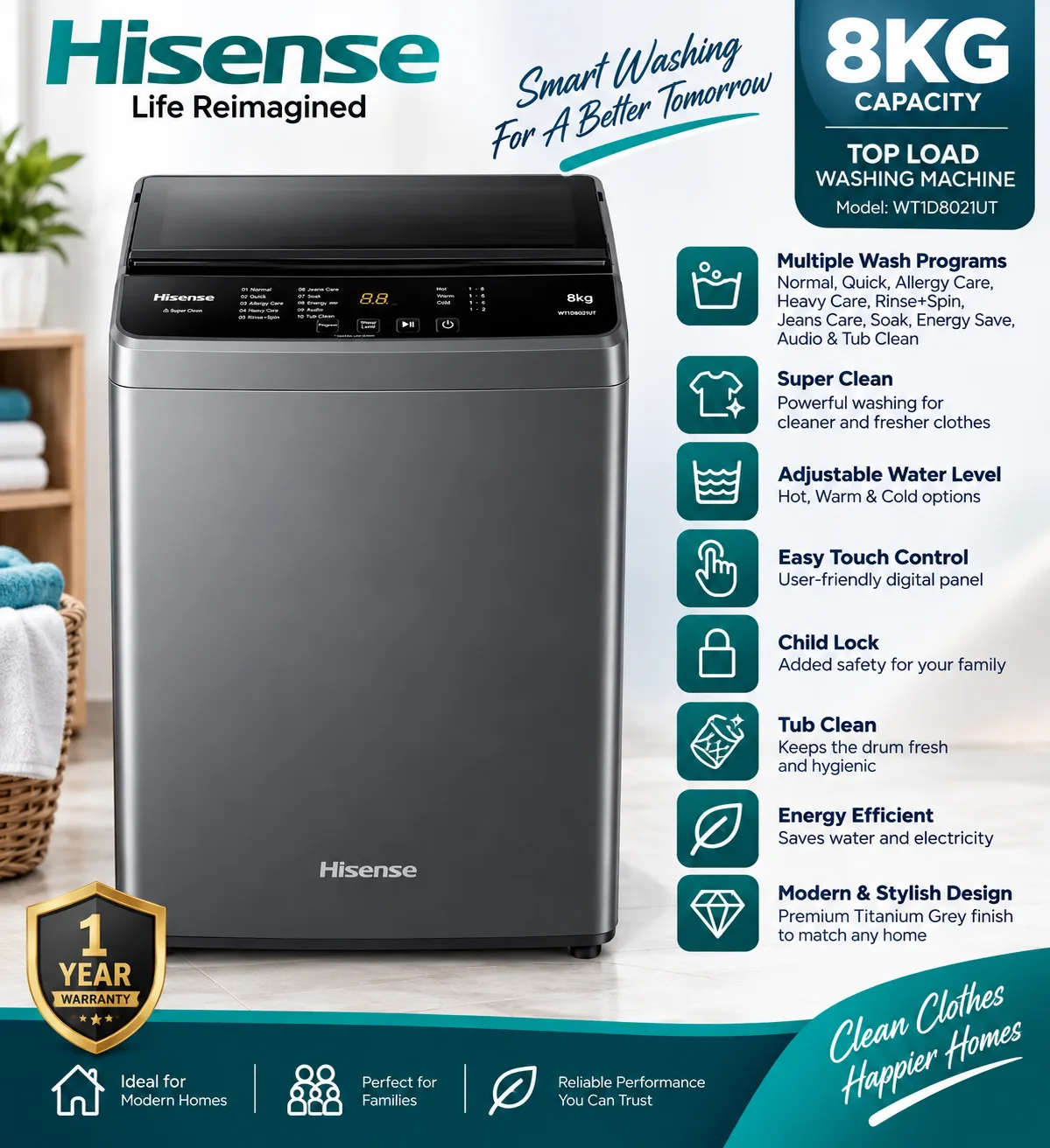 Hisense 8KG Fully Automatic Top Load Washing Machine