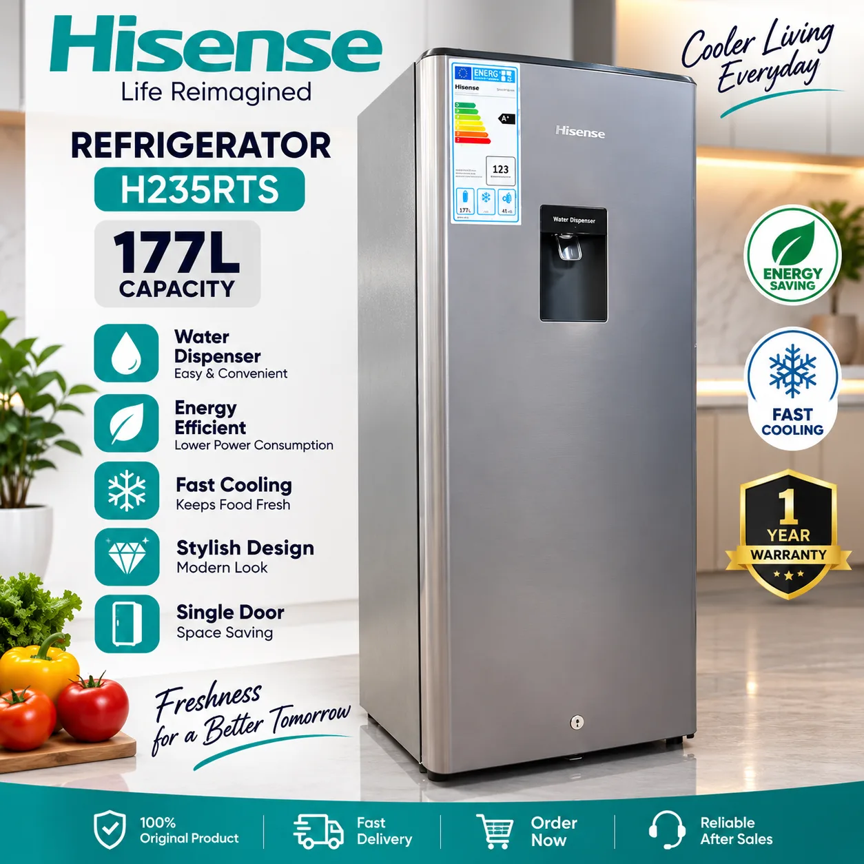 Hisense H235RTS-WD 177L Single Door Interior LED Lighting Silver Refrigerator